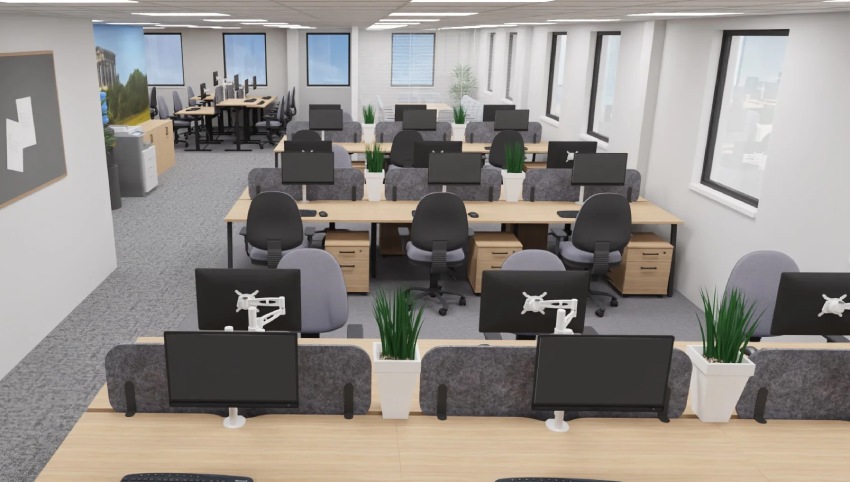 A modern office with tables and chairs.