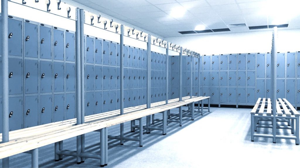 Changing room benching, with lockers visible in the background